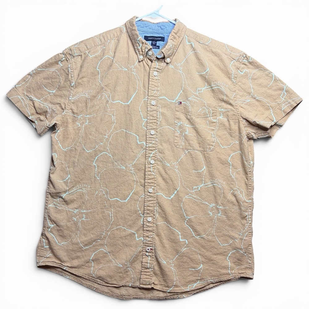 Tommy Hilfiger Mens XXL Linen Blend Floral Short Sleeve Button Down Shirt Tan